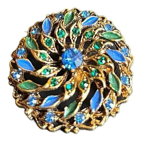 Vintage 12 Karat Gold Emerald and Sapphire Domed Brooch 1 x 1 Flower Brooch